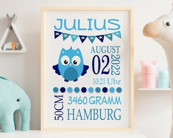 Geschenk Geburt / Taufe Junge - Personalisierte Geburtsanzeige Geburtsdatenbild Geburtsposter Eule - Digitale Datei