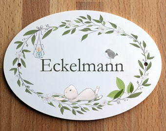 Door sign family personalized with leaf tendrils and rabbit