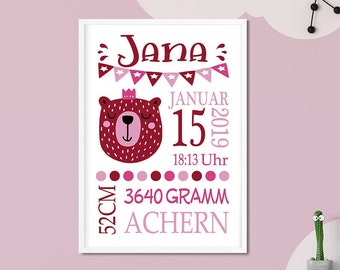 Birth data picture / Personalized birth announcement / Birth picture bear / Birth poster / Gift birth baptism girl