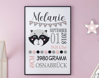 Personalized birth announcement birth dates print birth picture picture raccoon