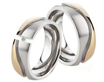 Moderne extravagente ausgefallene Eheringe Set aus stainless steel vergoldet mit Diamant unusual wedding rings with diamond