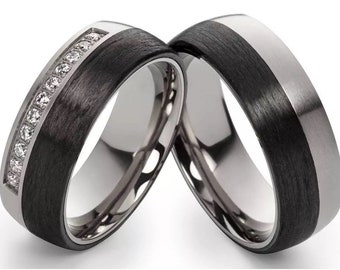 Carbon Titan Eheringe ausgefallen Partnerringe speziell Schwarz mystische Hochzeitsringe aus Carbon Viking rings Gothic BDSM Schmuck set