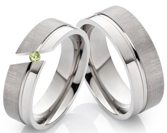 Partner rings made of titanium with green stone peridot and free engraving