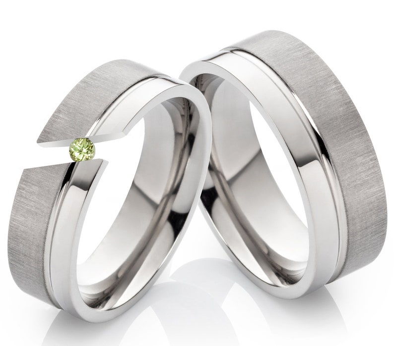 Partner rings made of titanium with green stone peridot and free engraving image 1