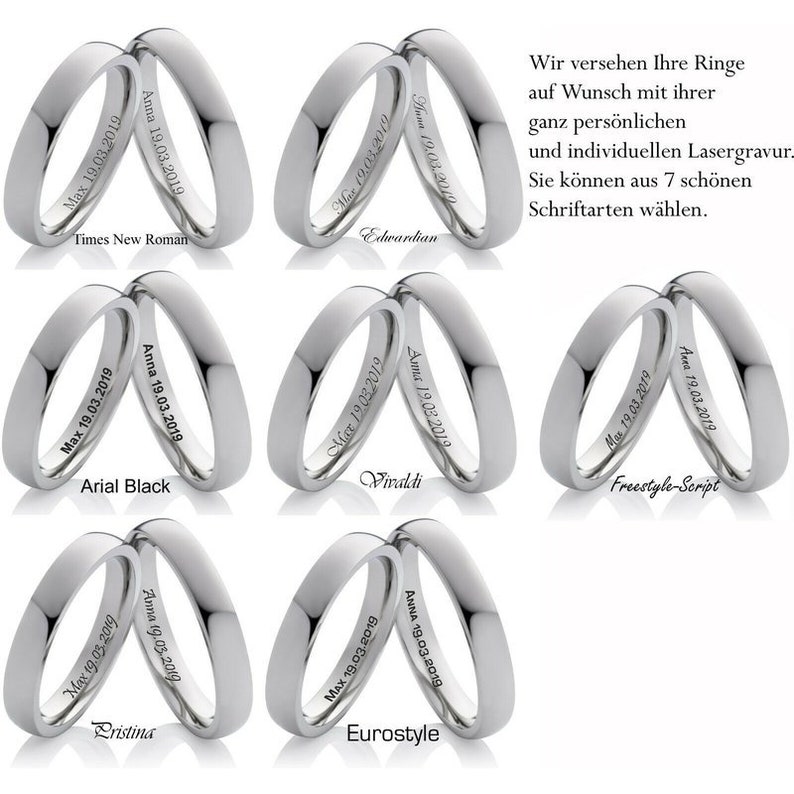 May include: Seven different font styles for engraving on wedding bands. The fonts are Times New Roman, Arial Black, Pristina, Edwardian, Vivaldi, Eurostyle, and Freestyle Script.