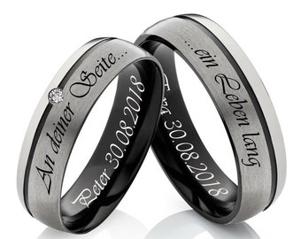 Set di anelli per partner neri, fedi nuziali in titanio, personalizzati con incisione personalizzata