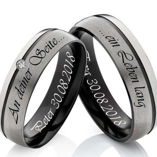 Black partner rings set of wedding rings made of titanium personalized with your desired engraving