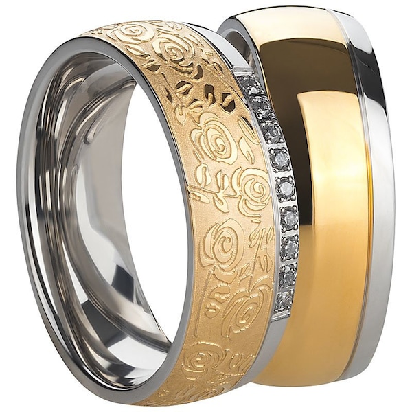 Partner rings set engagement rings vintage wedding rings bicolor rose pattern