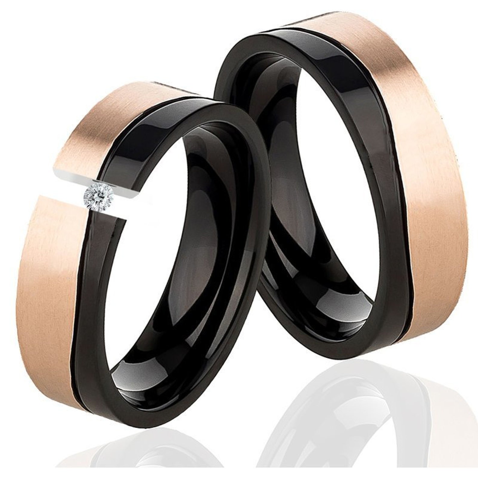 Wedding Rings Set Black Rose Gold Engagement Rings with Etsy