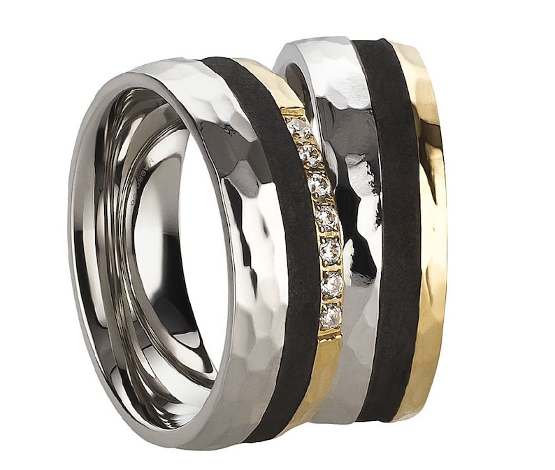 Extraordinary Wedding Rings Wedding Rings Set Unusual Pair Rings Steel Carbon Gold image 1