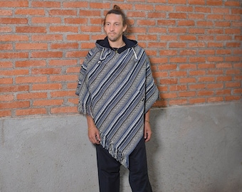 virblatt -  poncho  homme fait de 100% coton avec mandala brodé avec capuche & réversible - Abajo bleu