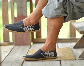 virblatt - Espadrilles Herren | Hanf | Sommerschuhe Hanf Slipper Goa Herren Schuhe | Mokassins | Hippie Kleidung - Passend schwarz