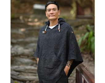 virblatt - poncho laine homme & poncho laine femme fait avec laine et polaire pour d'automne et d'hiver  - Abajo Wool noir