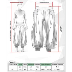 May include: Line drawing of yoga pants with measurements. The pants are shown on a mannequin and as a separate illustration. Measurements include a 43-inch length and a 43-inch waist. The recommended body height is 5'5" - 6'2".