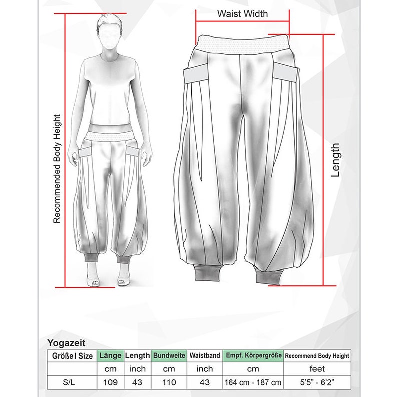 May include: Line drawing of yoga pants with measurements. The pants are shown on a mannequin and as a separate illustration. Measurements include a 43-inch length and a 43-inch waist. The recommended body height is 5'5" - 6'2".