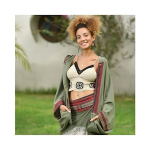 Unique unisex summer Kimono Mexican hoodie hippie baja cotton poncho Kraft green