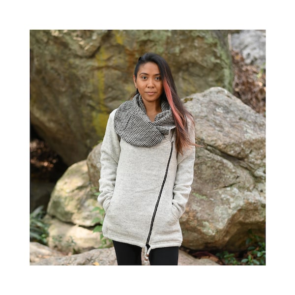 Chaqueta de lana de mujer Chaqueta de lana de Nepal Chaqueta de invierno Ropa natural con cuello alto Makalu marrón