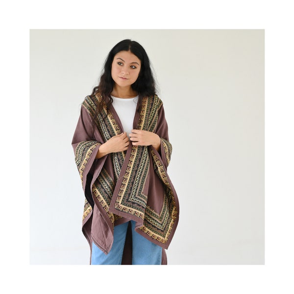 virblatt - Poncho Damen | 100 % Baumwolle | Poncho Strick Ponchos & Capes Damen |zum Überwerfen Poncho Cape ethno Cape - DerGefährte braun