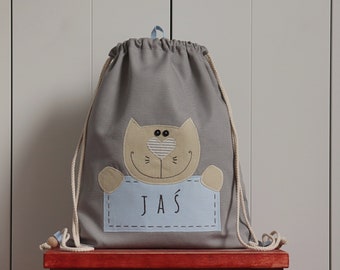 BACKPACK with name personalized CAT gray layette for kindergarten, nursery school for a gift