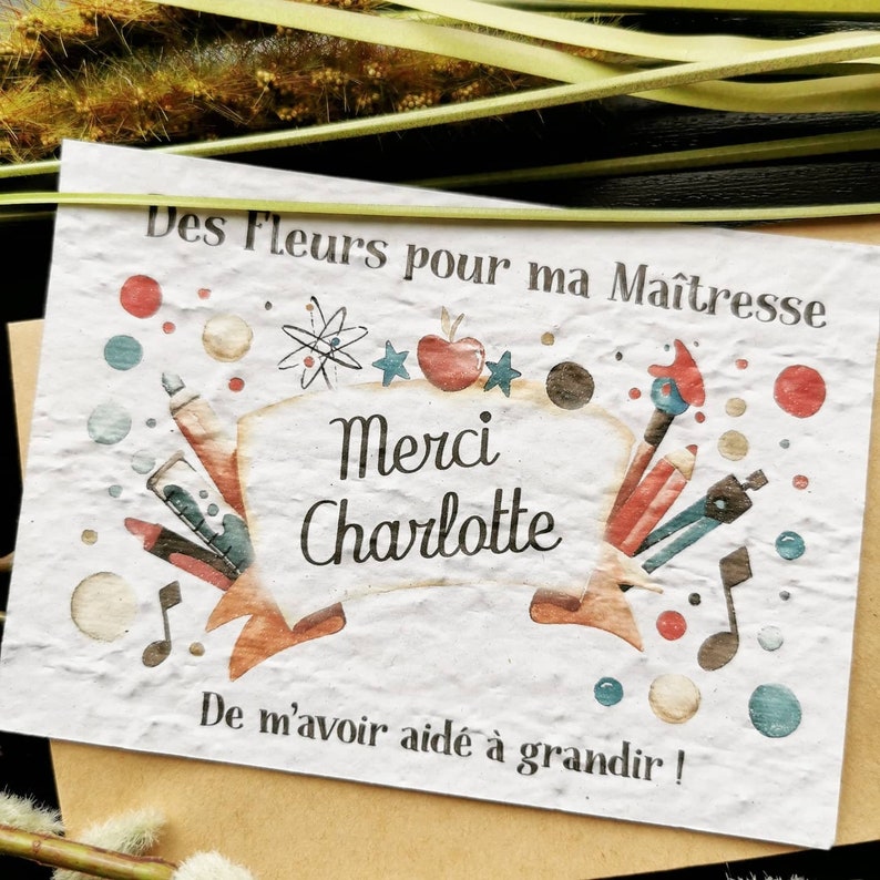 Carte à planter personnalisée, cadeau fin d'année, cadeau personnalisé, cadeau maîtresse, maître, atsem, nounou, image 1