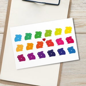 Postcard Colorful Love Bunnies with Heart / Greeting Card Bunnies in Rainbow Colors / Card Rabbits in Love