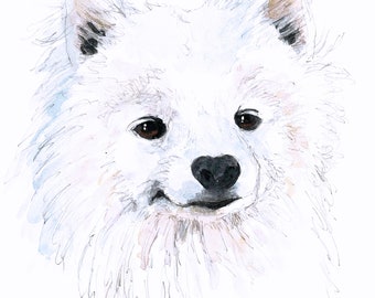 Niedlicher Samojede - Postkarte Hundeportrait Handzeichnung Aquarell Hunde Sketchbook Art Geschenk für Hundebesitzer Hundetrainer Hundezucht