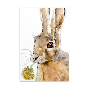Postkarte Feldhase mit Löwenzahn - Aquarell handgemalt - Osterkarte Frühling