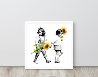Lámina enmarcada "Dos niñas de las flores" / Dos hermanitas con girasol / Lámina artística "Girls Flower Power" en estilo Street Art con plantillas