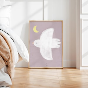 Stampa "Uccello notturno" | Stampa artistica | uccello | manifesto dell'uccello | stampa artistica | Manifesto | Illustrazione | Volare | Bianco | lilla | stampa poster | decorazione murale