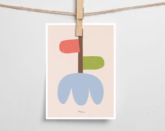 Könnte beinhalten: Ein minimalistischer Kunstdruck mit einer stilisierten Blume mit braunem Stiel, roten und grünen Blütenblättern und einer blauen Basis. Der Druck hat einen hellrosa Hintergrund und die Unterschrift des Künstlers in der rechten unteren Ecke.