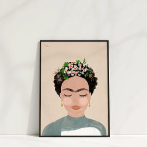May include: A digital illustration of a woman with dark hair and a flower crown. She has a unibrow and her eyes are closed. The background is a light beige color.
