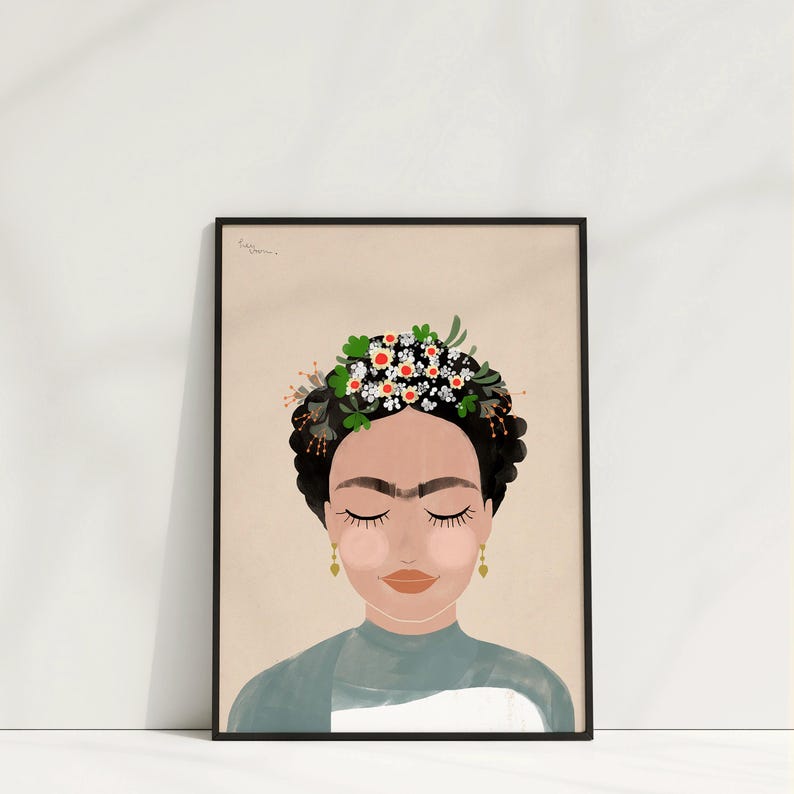 May include: A digital illustration of a woman with dark hair and a flower crown. She has a unibrow and her eyes are closed. The background is a light beige color.