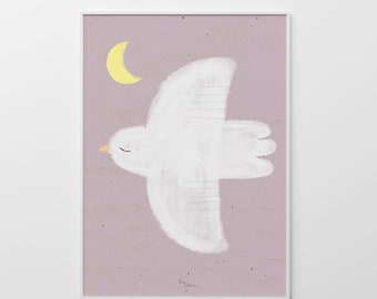 Imprimer « Oiseau de nuit » | Impression d’art | oiseau | Affiche d’oiseau | Impression d’art | Affiches | Illustration | Voler | Blanc | Lilas | Impression d’affiche | décoration murale