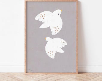 Wydruk "Niebo" | Wydruk artystyczny | Ptaki | Plakat z ptakiem | Wydruk artystyczny | Plakat | Ilustracja | Latanie | Biały | Szary | Wydruk z ptakiem | Wydruk plakatowy
