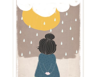 Print "Regenmädchen" | Kinderzimmer | Verträumt | Nachdenklich | Wolke | Regen | Sonne | Mädchen | Illustration | Poster | Kunst | Druck