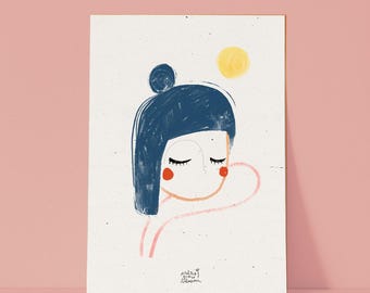Tryck "Dagdröm" | Konsttryck | Poster | Illustration | Färgglad | Väggdekor | Konsttryck | Teckning | Kvinna | Avslappning | Sol | Varm | Balans