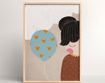 Imprimer « Fille de cœur » | Impression d’art | Affiches | Illustration | Fille | Ballon | coeur | Chambre d'enfants | nuage | Affiche chambre d'enfant | Art