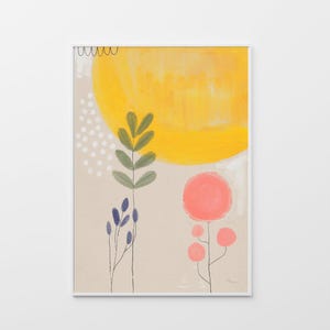 Może przedstawiać: Abstrakcyjny obraz z ż&oacute;łtym słońcem, r&oacute;żowymi kwiatami i zielonymi liśćmi na beżowym tle.