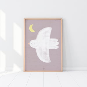 Stampa "Uccello notturno" | Stampa artistica | uccello | manifesto dell'uccello | stampa artistica | Manifesto | Illustrazione | Volare | Bianco | lilla | stampa poster | decorazione murale