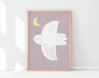 "Moon Flight" Print | Art Print | Bird | Bird Poster | Art Print | Poster | Illustration | Flying | White | Lilac | Poster Print | Wall Decor