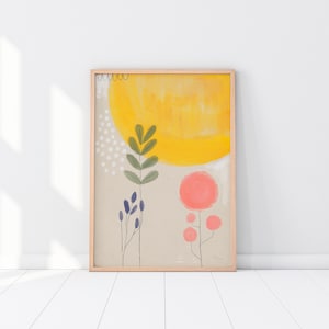 Może przedstawiać: Abstrakcyjny obraz w ramie z ż&oacute;łtym słońcem, r&oacute;żowymi kwiatami i zielonymi liśćmi na beżowym tle.