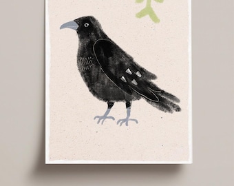 Kråkeillustration A6-vykort – Korpfågelkonst – Minimalistisk djurillustration – Fågelvykort – Present till fågelälskare