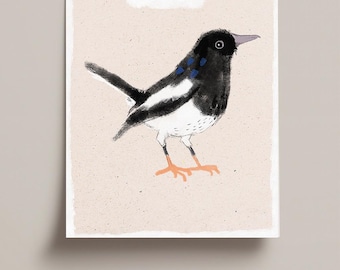 Skataillustration A6-vykort – Fågelkonst – Minimalistisk djurillustration – Fågelvykort – Present för naturälskare