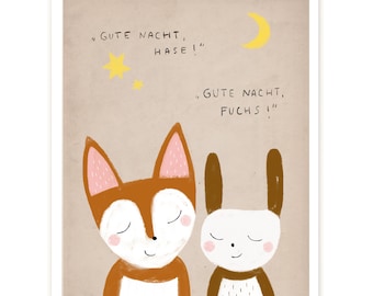 Print “Night Greetings” | fox | bunny | Goodnight | Where fox and hare say good night | Illustration | Artprint | Children's room | Sleep