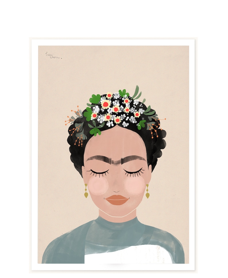 May include: A digital illustration of a woman with dark hair and a flower crown. She has her eyes closed and is wearing a blue shirt. The background is a light peach color.