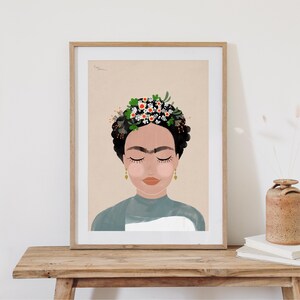 May include: A digital illustration of a woman with dark hair and a flower crown. She has her eyes closed and is wearing a blue shirt. The background is a light peach color.