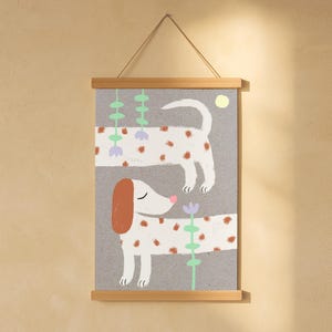 Lámina "Perro salchicha" | Lámina artística | Póster | Ilustración | Perro | Primavera | Colorido | Sencillo | Vintage | Decoración de pared | Lámina artística | Retro | Dibujo