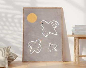 Tryck "Flygande" | Konsttryck | Fåglar | Fågelposter | Konsttryck | Poster | Illustration | Flygande | Vit | Grå | Fågeltryck | Postertryck