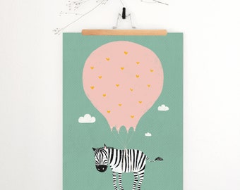 Print "Zebra & Balloon" | Artprint | Children's room | Posters | green | pink | heaven | Children's poster | Kids | Illustration | Hot air balloon