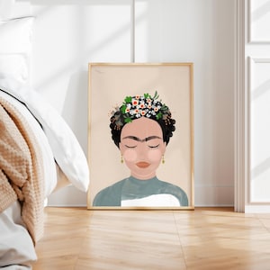 May include: A digital illustration of a woman with dark hair and a flower crown. She has a light brown complexion and is wearing a light blue shirt. The background is a light peach color.